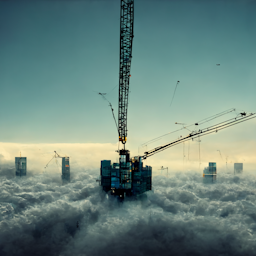 A futurustic image of a city being built in the clouds.